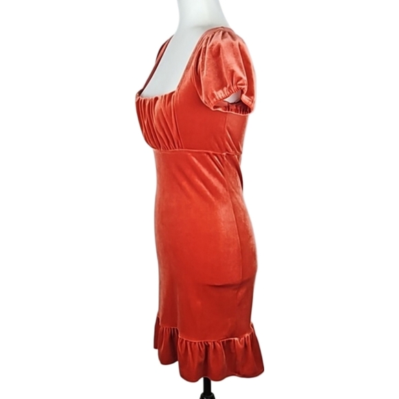 Retro Orange Velour Ruffle Trim Dress - Picture 3 of 9